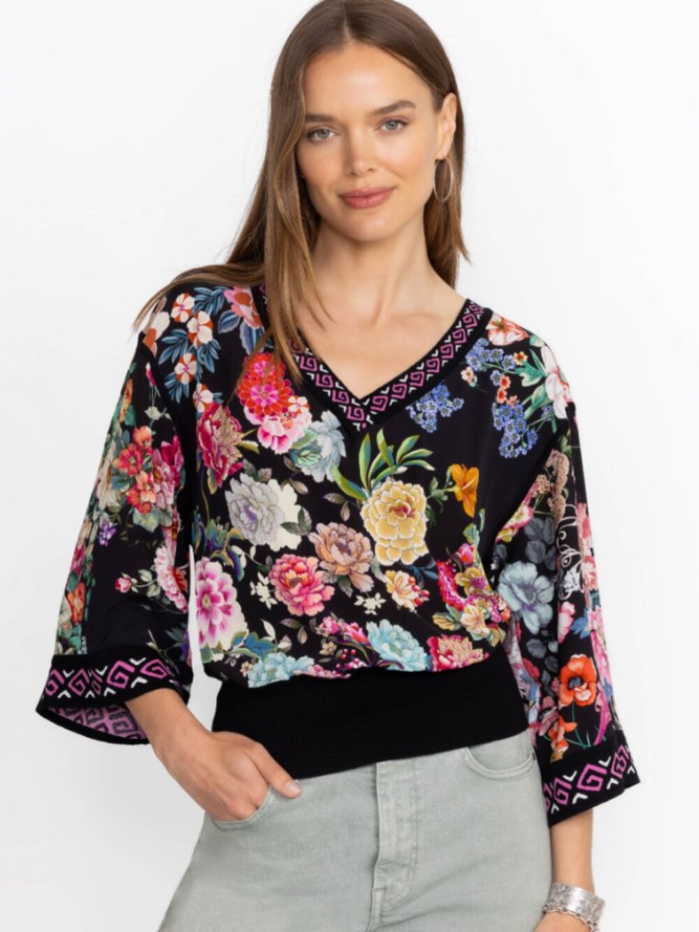 NWOT Johnny Was Pullover Blouse, Akki Scarf Print